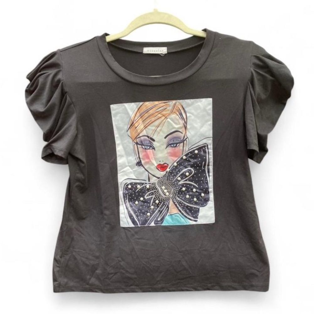 Occasion Black Puff Sleeve Graphic Tee